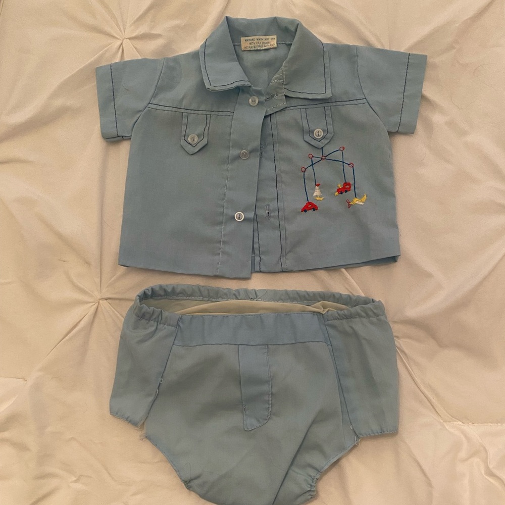 Vintage 1970s Newborn Cotton Candy Light Blue Outfit/Diaper Cover Set